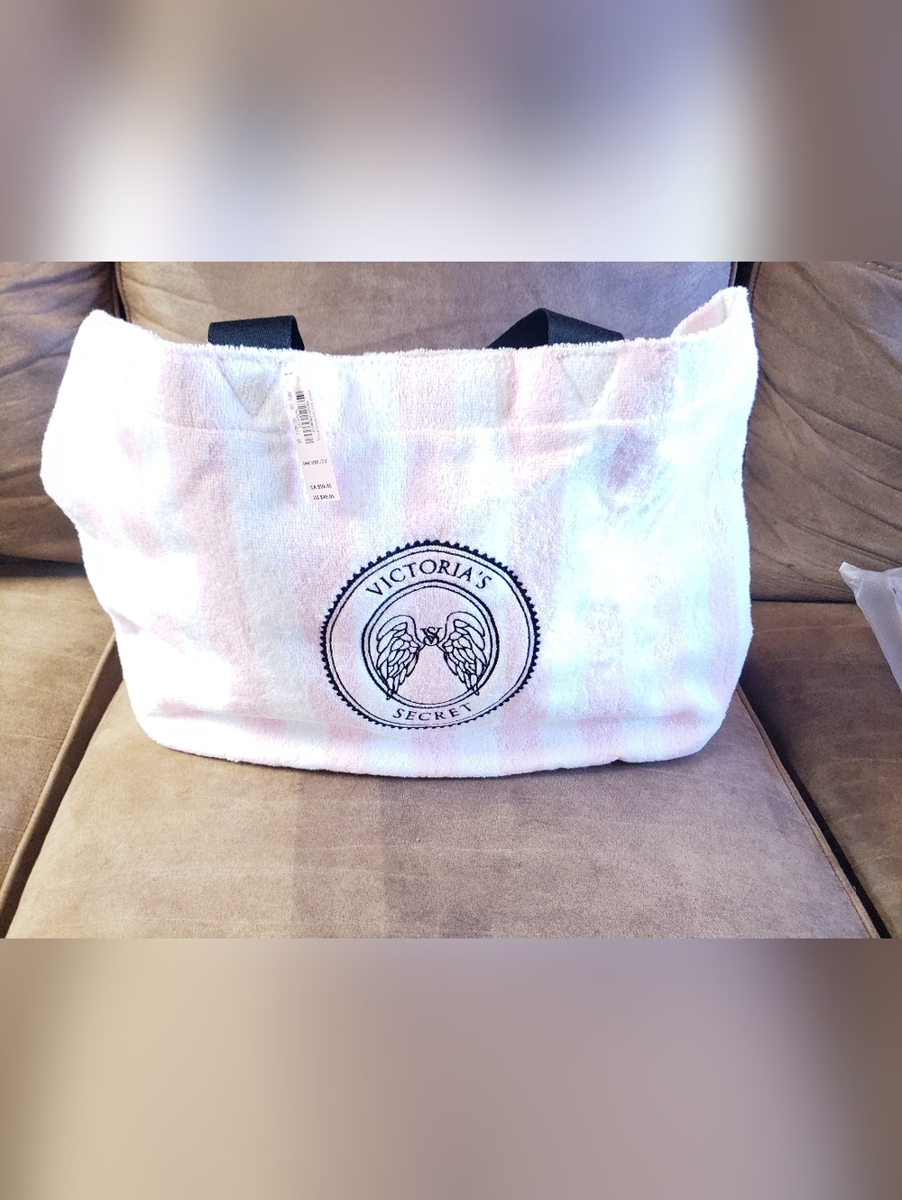 NWT Victoria's Secret Pink & White Striped Beach Tote with Black Handles